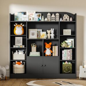 DIYART Black Kids Bookshelf, Display Bookcase with 11 Cubbies and 2 Cabinets, Freestanding Book Storage Shelves for Bedroom, Playroom, Hallway