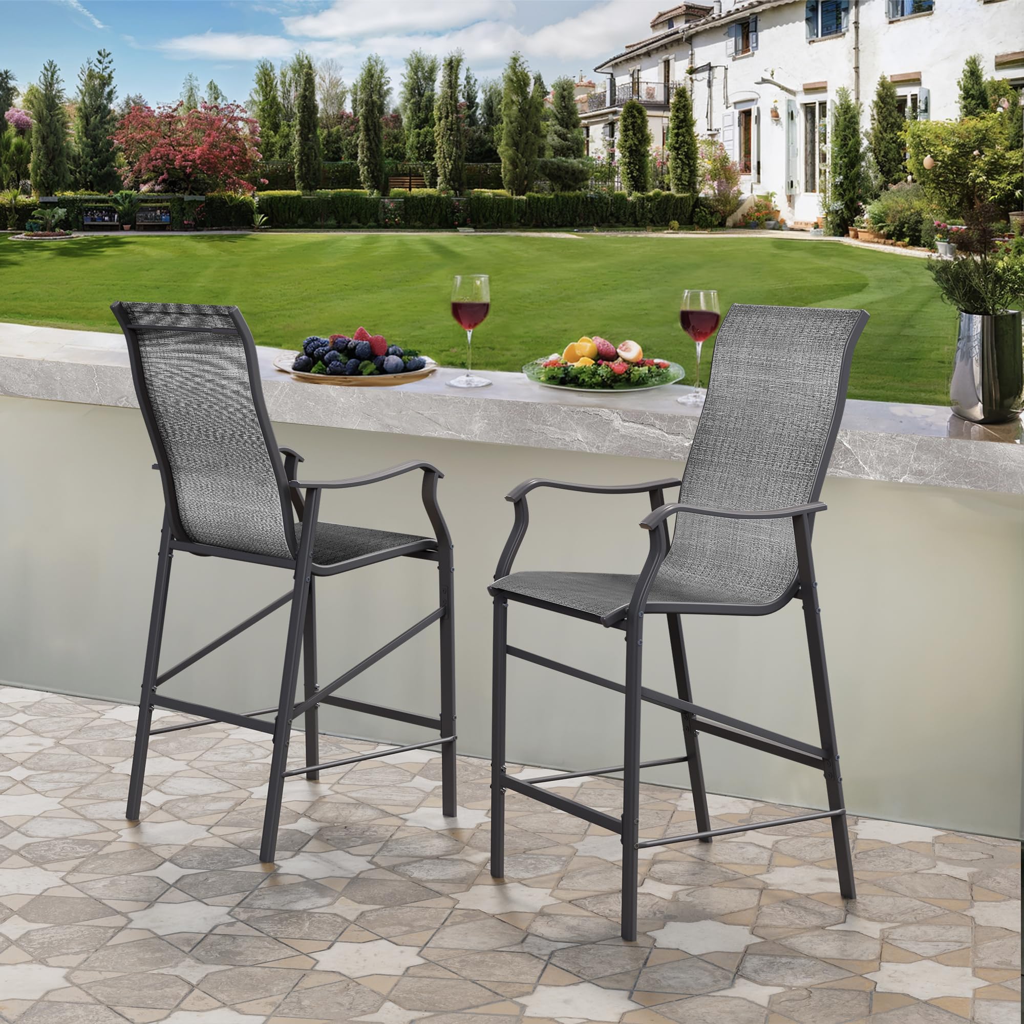 VONZOY Outdoor Bar Stools Set of 2, Comfortable Bar Height Outdoor Chairs, Patio Bar Stools w/All-Weather Mesh, 300lb Capacity (Grey)