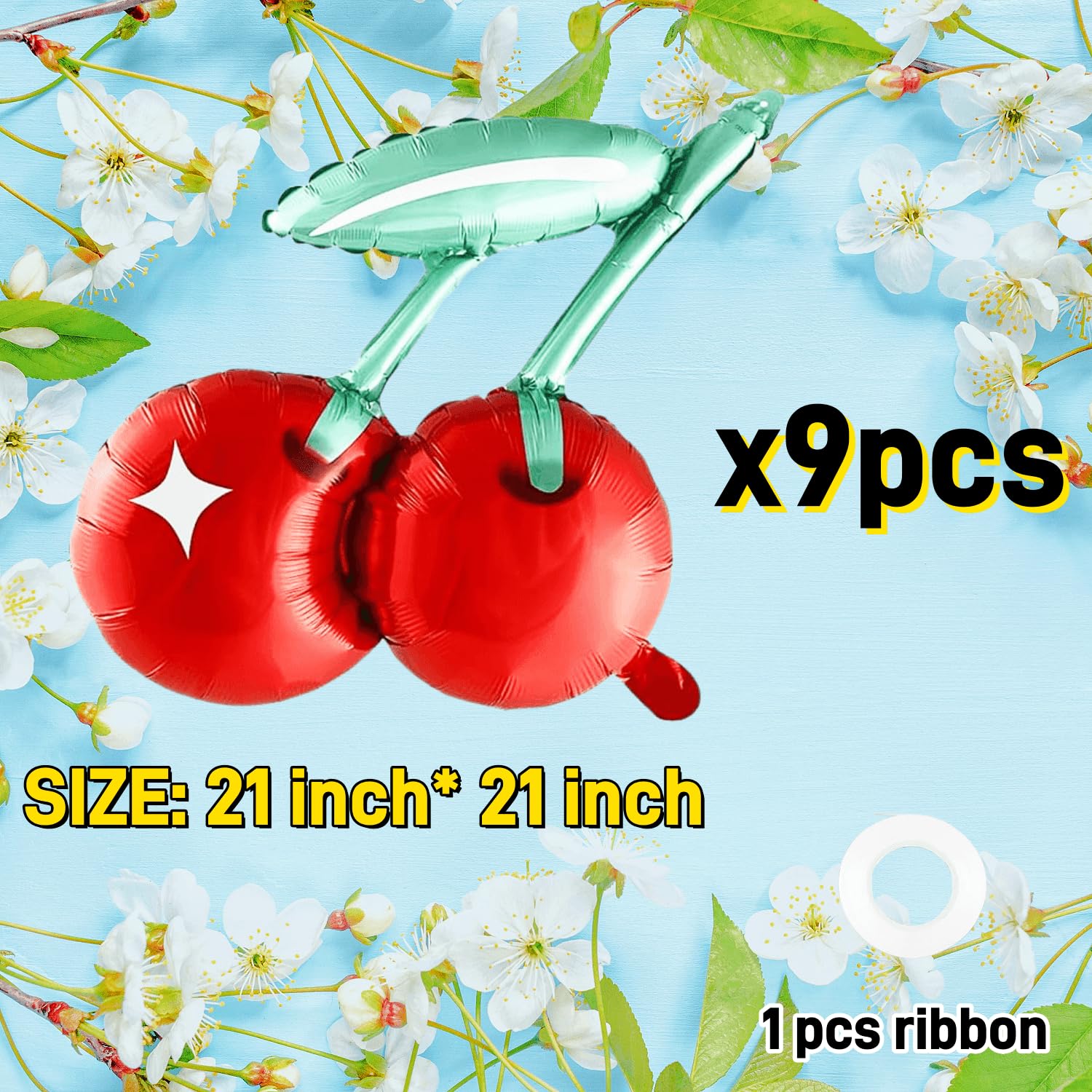 Jiahaoppx 9 Pcs Cherry Balloons, Cherry Fruit Mylar Balloon for Baby Shower Wedding Birthday Party Decorations Supplies, 21 Inch