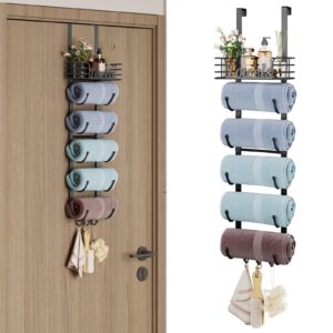 over the door towel racks for bathroom,6 tier towel rack wall mounted with metal shelf and hooks,rolled towel storage for bathroom door holder organizer hanging,black