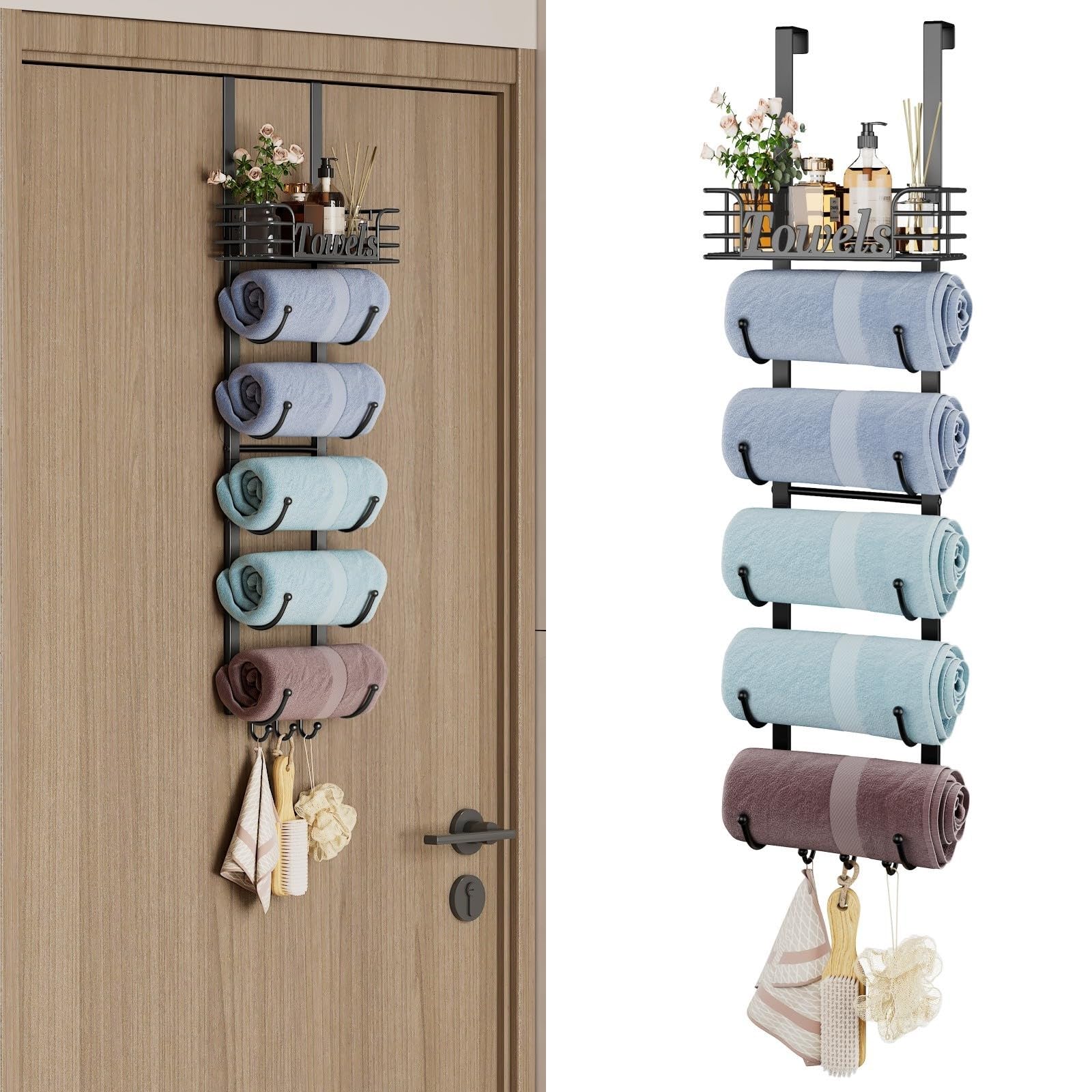 Over The Door Towel Racks for Bathroom,6 Tier Towel Rack Wall Mounted with Metal Shelf and Hooks,Rolled Towel Storage for Bathroom Door Holder Organizer Hanging,Black