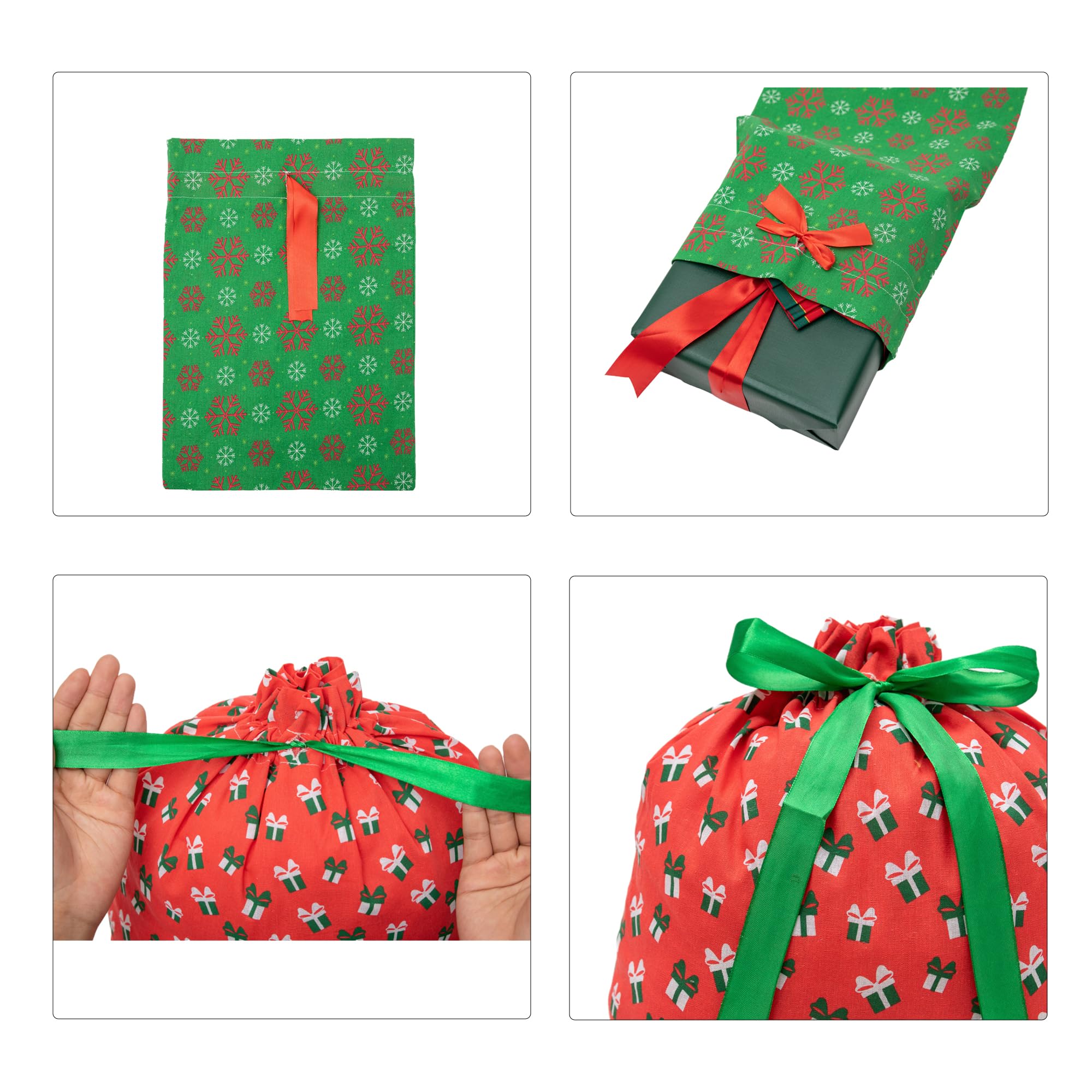 JAZGROM 6pcs Fabric Gift Wrap Bags Reusable Christmas Gift Bags With Drawstring For Party Favors Cloth Bags For Holiday Presents Décor Gifts Decorations