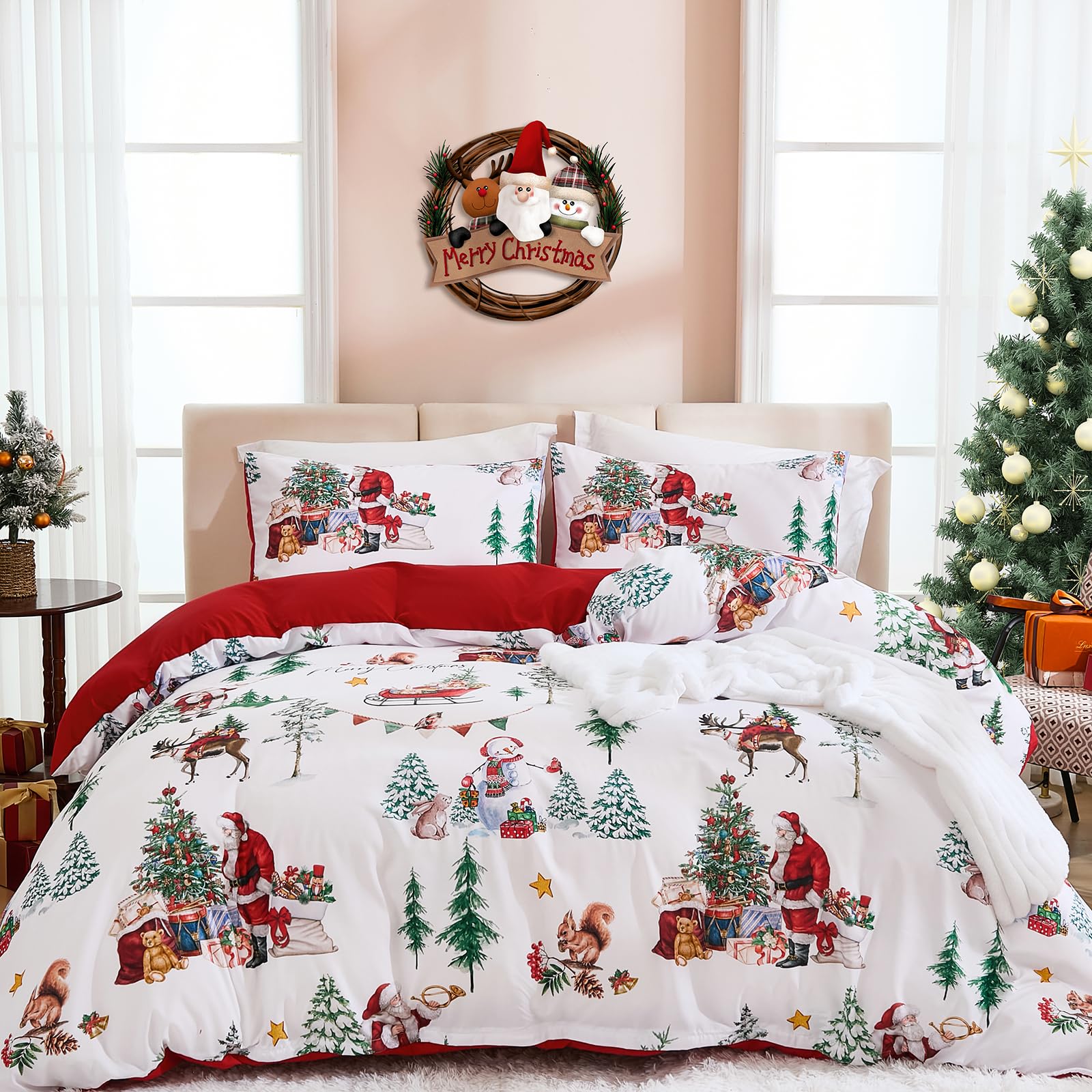 Christmas Duvet Cover Set Queen Size Santa Claus Snowman Christmas Tree Bedding Set, Microfiber Red Xmas Comforter Duvet Cover with Pillowcases Festive Winter Holiday Decor(Zipper Closure,90''x90'')