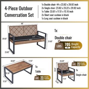 Finca ancha Patio Furniture Set 4 Pieces, Outdoor Furniture with Acacia Wood Table Top Coffee Table, Outdoor Wicker Patio Furniture for Yard, Pool, Backyard Sillas para Patio