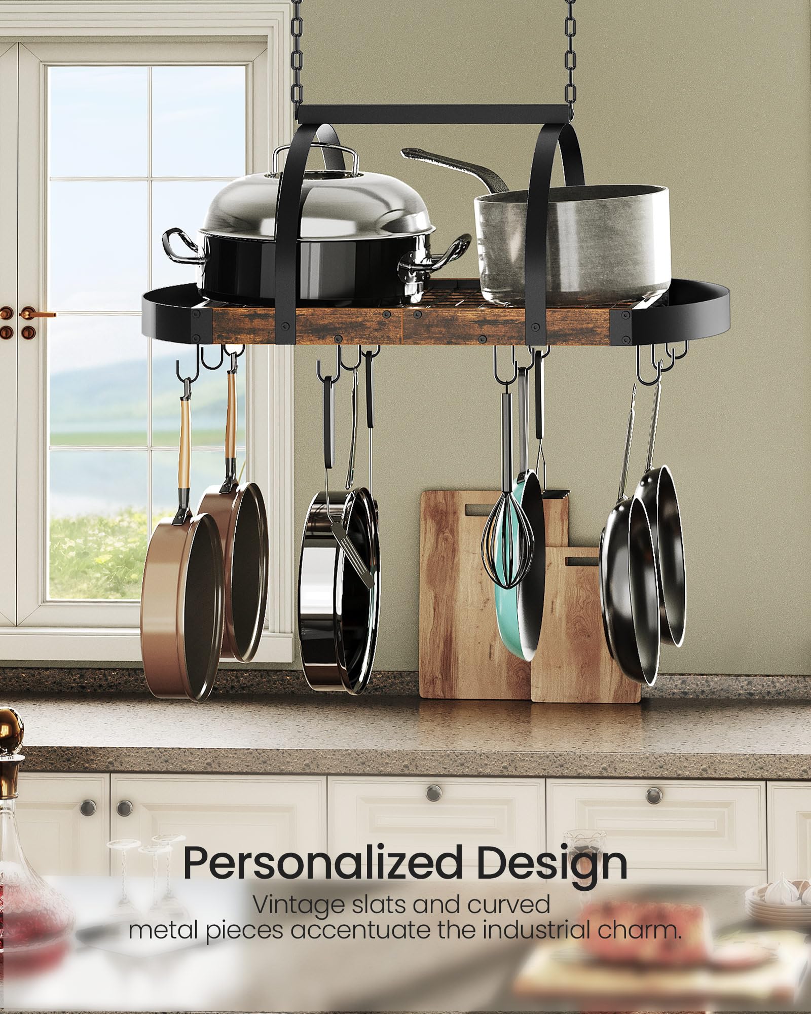 CHOEZON Hanging Pot Rack, Pot Hanger for Kitchen, Ceiling Mounted Pot Holder, Cookware Organizer with 12 S-Shaped Hooks, for Pot, Pan Storage, Space Saver, Rustic Brown and Black TPR08BF