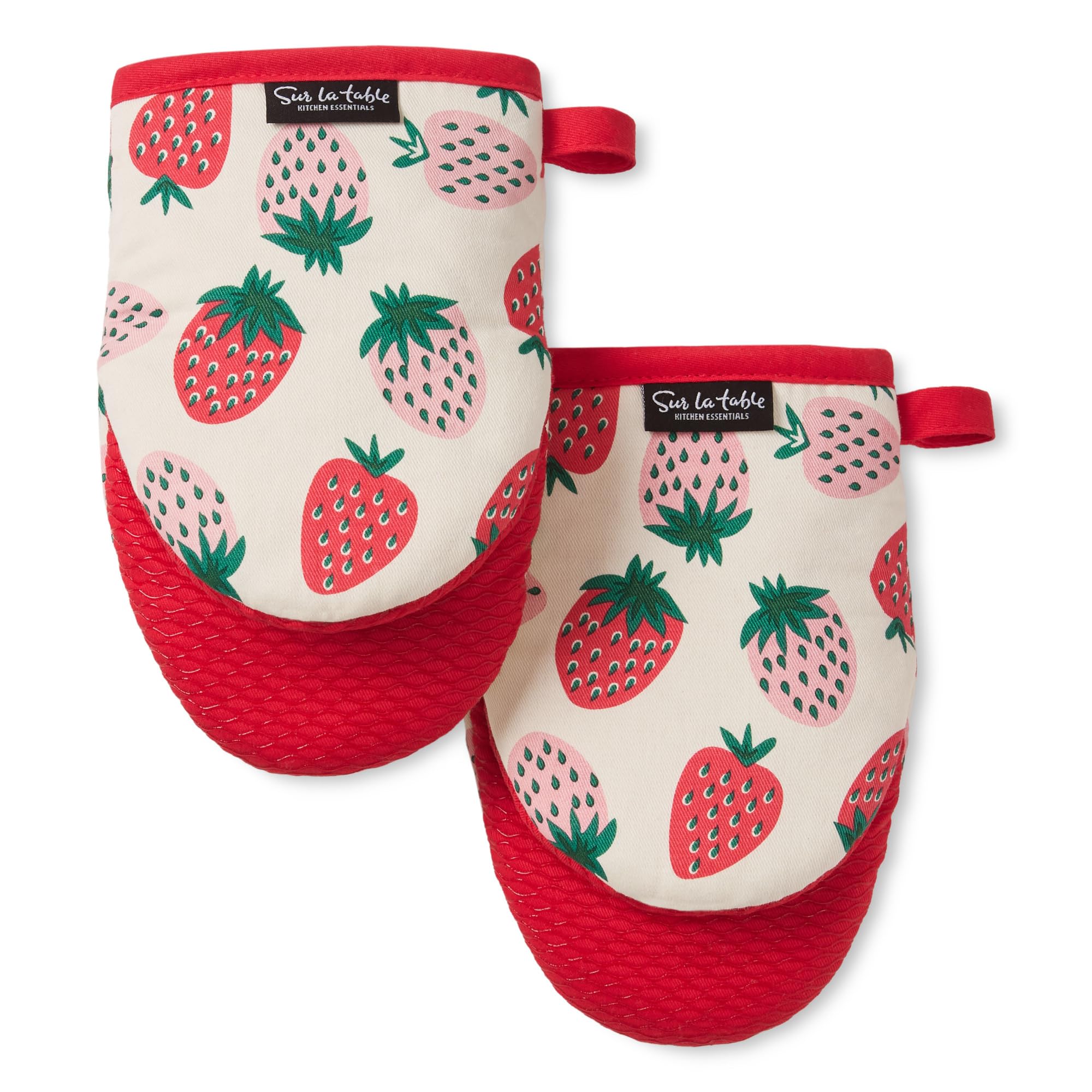 SUR LA TABLE Kitchen Essentials Quirky Strawberries Fruit Mini Oven Mitt 2-Pack Set, Heat Resistant, 100% Cotton, Flexible Non-Slip Silicone Grip, Pink/Green/Cream, 5.5"x8"