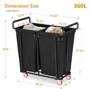 2 Section Laundry Hamper with Wheels 360L Large Rolling Laundry Sorter Cart for Clothes Storage Heavy Duty Laundry Basket with Lockable Wheels Clothes Hamper for Laundry & Bedroom