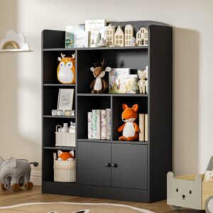 diyart black kids bookshelf, kids bookcase with 7 cubbies and 2 cabinets, freestanding book storage shelves for bedroom, playroom, hallway