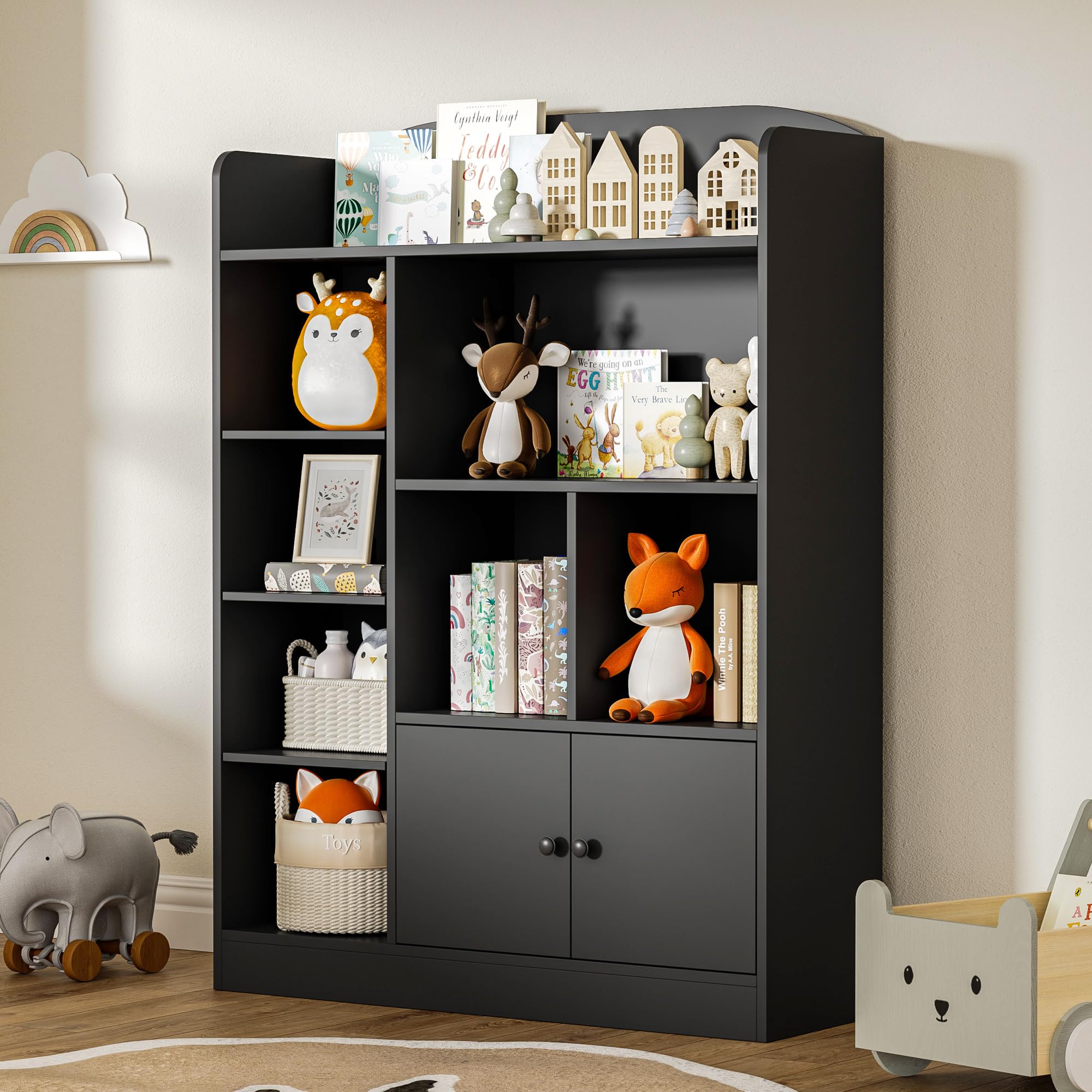 DIYART Black Kids Bookshelf, Kids Bookcase with 7 Cubbies and 2 Cabinets, Freestanding Book Storage Shelves for Bedroom, Playroom, Hallway