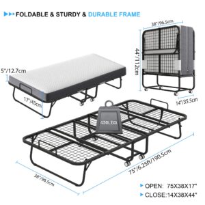 Folding Bed with Mattress 75" x 38" Twin Size Folded Bed, Rollaway Guest Bed Portable Foldable Extra Bed for Adults Fold up Bed with 5" Memory Foam Mattress Space-Saving Sturdy Metal Frame (Grid)