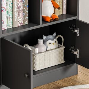 DIYART Black Kids Bookshelf, Kids Bookcase with 7 Cubbies and 2 Cabinets, Freestanding Book Storage Shelves for Bedroom, Playroom, Hallway