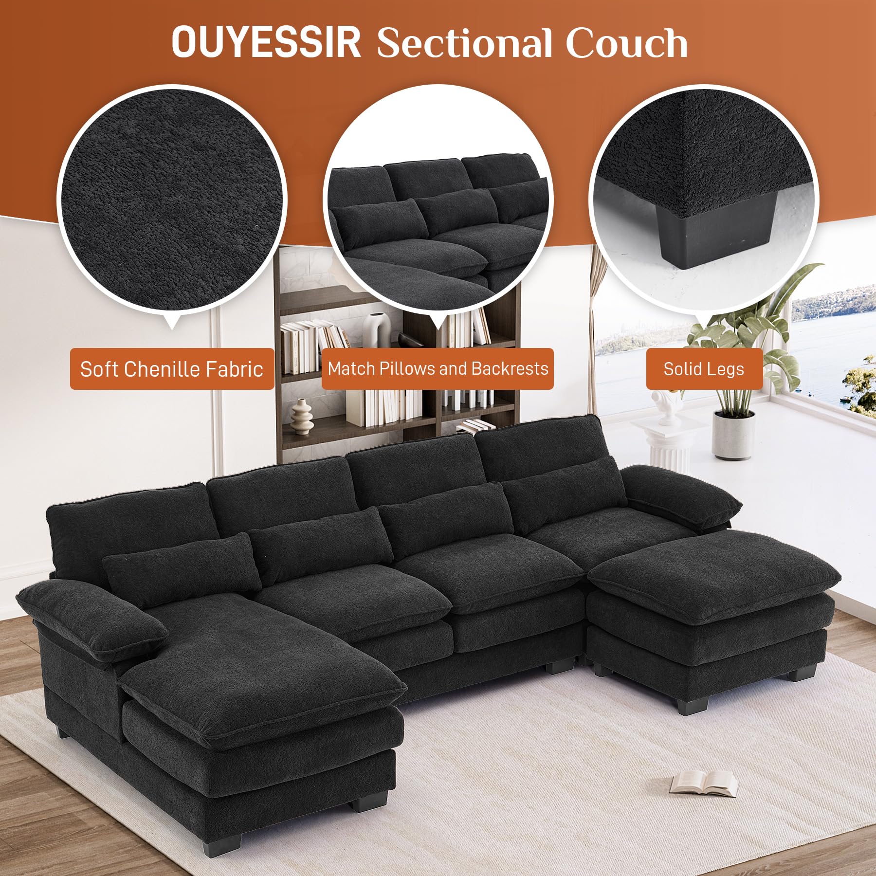 Nolohoo U Shape Sectional Sofa Cloud Couch,124" Chenille Comfy Couches for Living Room, Modern Upholstered Large Modular Sofa with Chaise,Console USB Port Cup Holders, Dark Gray