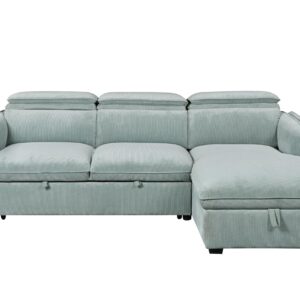 TXFTRR L Shaped Sleeper Sofa - Corduroy Couch Sectional with Pull Out Sleeper and Storage Chaise, Pull Out Bed Couch with Adjustable Headrest, Sleeper Sectional Sofa for Living Room, Light Green