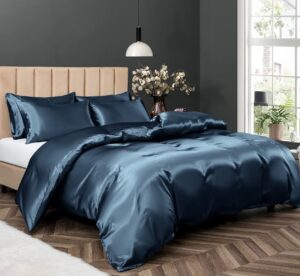 sks linen 100% mulberry silk duvet cover set - 3-piece set - 22 momme grade 6a mulberry silk - features zipper closure and corner ties, twin 68" x 90"- navy blue solid