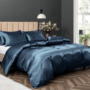 SKS Linen 100% Mulberry Silk Duvet Cover Set - 3-Piece Set - 22 Momme Grade 6A Mulberry Silk - Features Zipper Closure and Corner Ties, Twin 68" x 90"- Navy Blue Solid