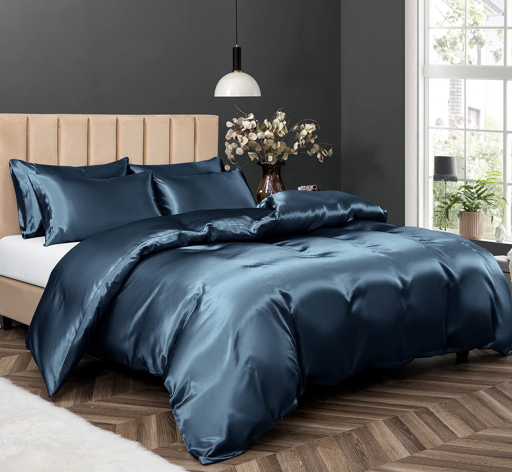 SKS Linen 100% Mulberry Silk Duvet Cover Set - 3-Piece Set - 22 Momme Grade 6A Mulberry Silk - Features Zipper Closure and Corner Ties, Twin 68" x 90"- Navy Blue Solid