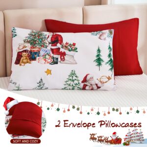 Christmas Duvet Cover Set Queen Size Santa Claus Snowman Christmas Tree Bedding Set, Microfiber Red Xmas Comforter Duvet Cover with Pillowcases Festive Winter Holiday Decor(Zipper Closure,90''x90'')