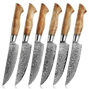 senken 6-piece damascus steel steak knife set - non-serrated steak knives with sycamore wood handles - the dynasty collection - 67-layer japanese vg10 steel (6-piece steak knife set)