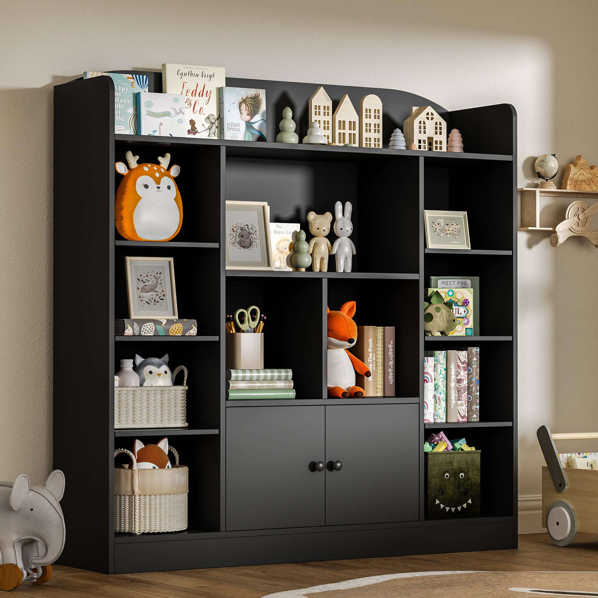 DIYART Black Kids Bookshelf, Display Bookcase with 11 Cubbies and 2 Cabinets, Freestanding Book Storage Shelves for Bedroom, Playroom, Hallway