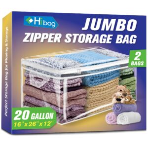 hibag 20 gallon large storage bag for clothes, zipper clothing storage bag, clear organizer with reinforced handles, for comforters blankets pillows bedding (2 pack)