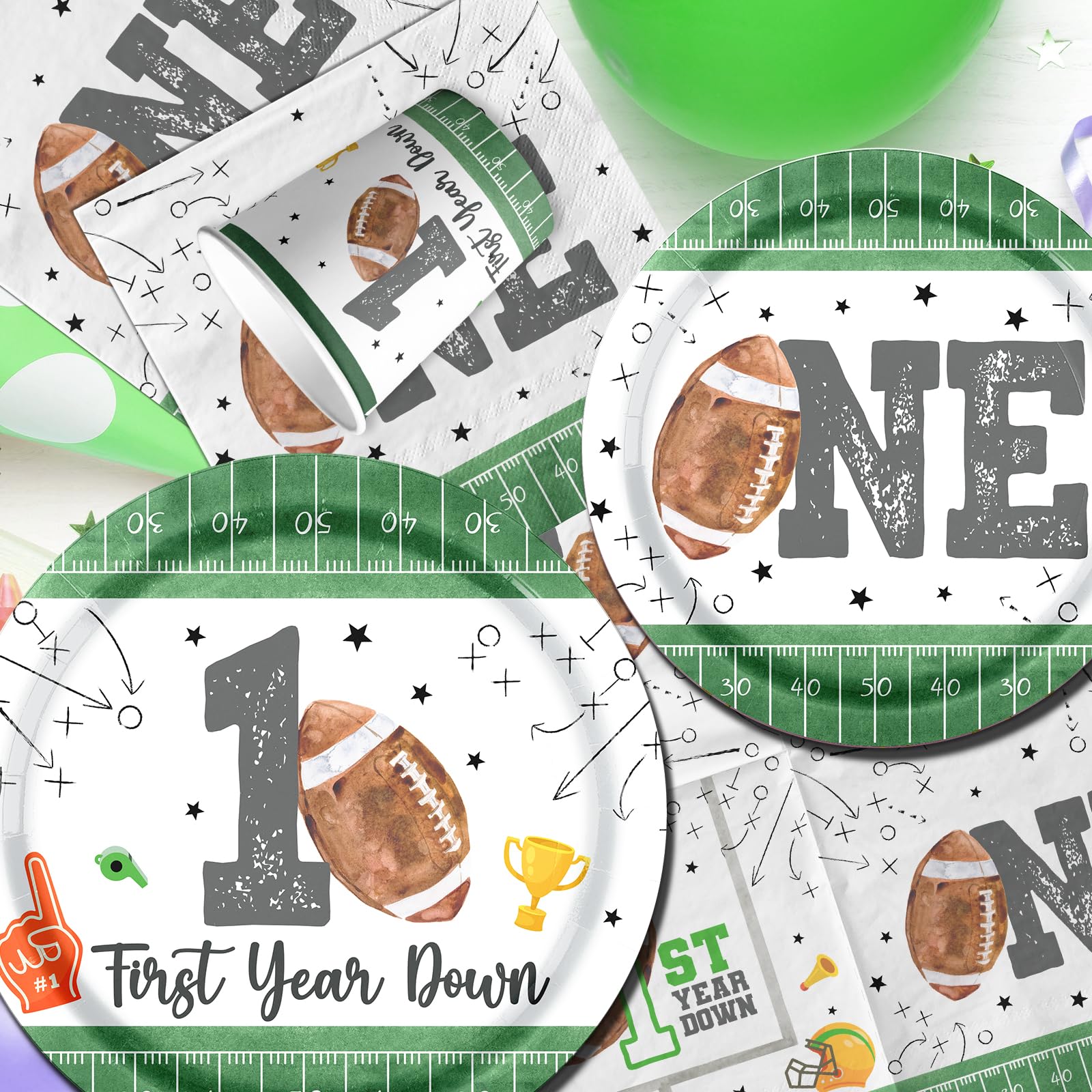 142Pcs First Year Down Football Birthday Party Decorations Football Tableware Set with Plates Napkins Cups Tablecloth and Banner First Year Down Birthday Party Decorations Football Party Decorations