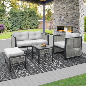 NICESOUL Modern Patio Furniture Set, 4 Seats Outdoor Sectional Sofa Set with Side Tables Footrest All-Weather Dual-Layer PE Rope Rattan Iron Frame 4" Thick Cushion Chairs Conversation Set Grey