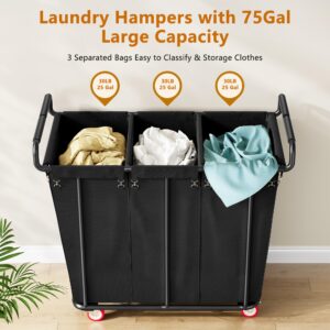 Gewudraw 3 Section Laundry Sorter Cart, 3 Bag 75Gal Rolling Laundry Hamper Sorter with Lockable Wheels, Removable Laundry Bag,Rolling Laundry Basket Organizer for Laundry Room,Bedroom,Bathroom, Black