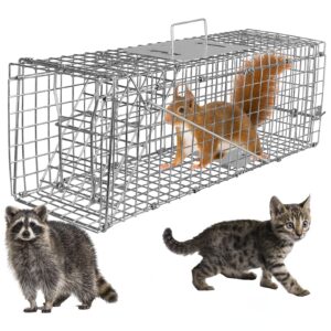 live animal cage trap, 23.3x7.2x7.7 inches humane cat trap for stray cats, outdoor heavy duty foldable raccoon traps, humane catch & release live traps for rabbits, squirrels