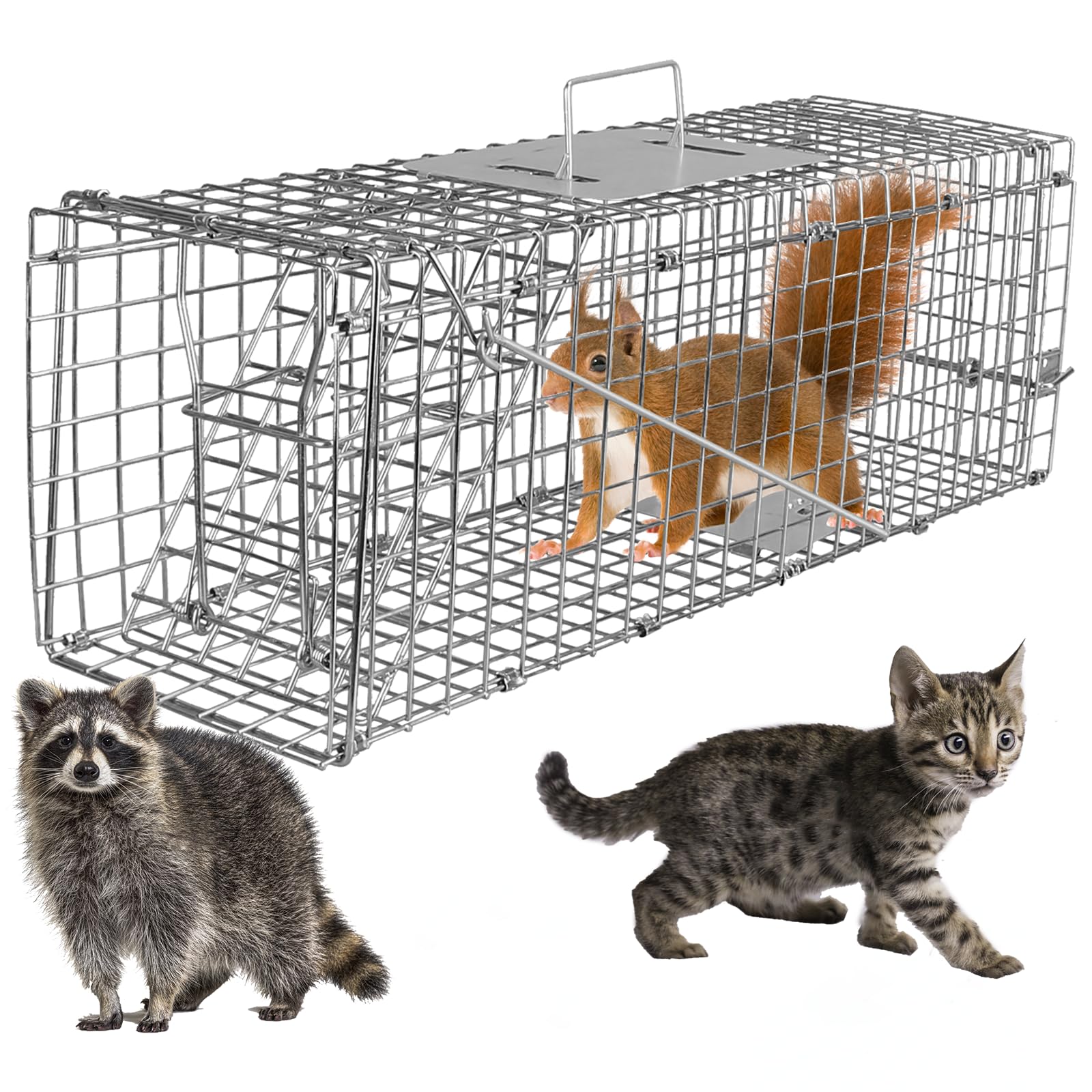 Live Animal Cage Trap, 23.3x7.2x7.7 Inches Humane Cat Trap for Stray Cats, Outdoor Heavy Duty Foldable Raccoon Traps, Humane Catch & Release Live Traps for Rabbits, Squirrels