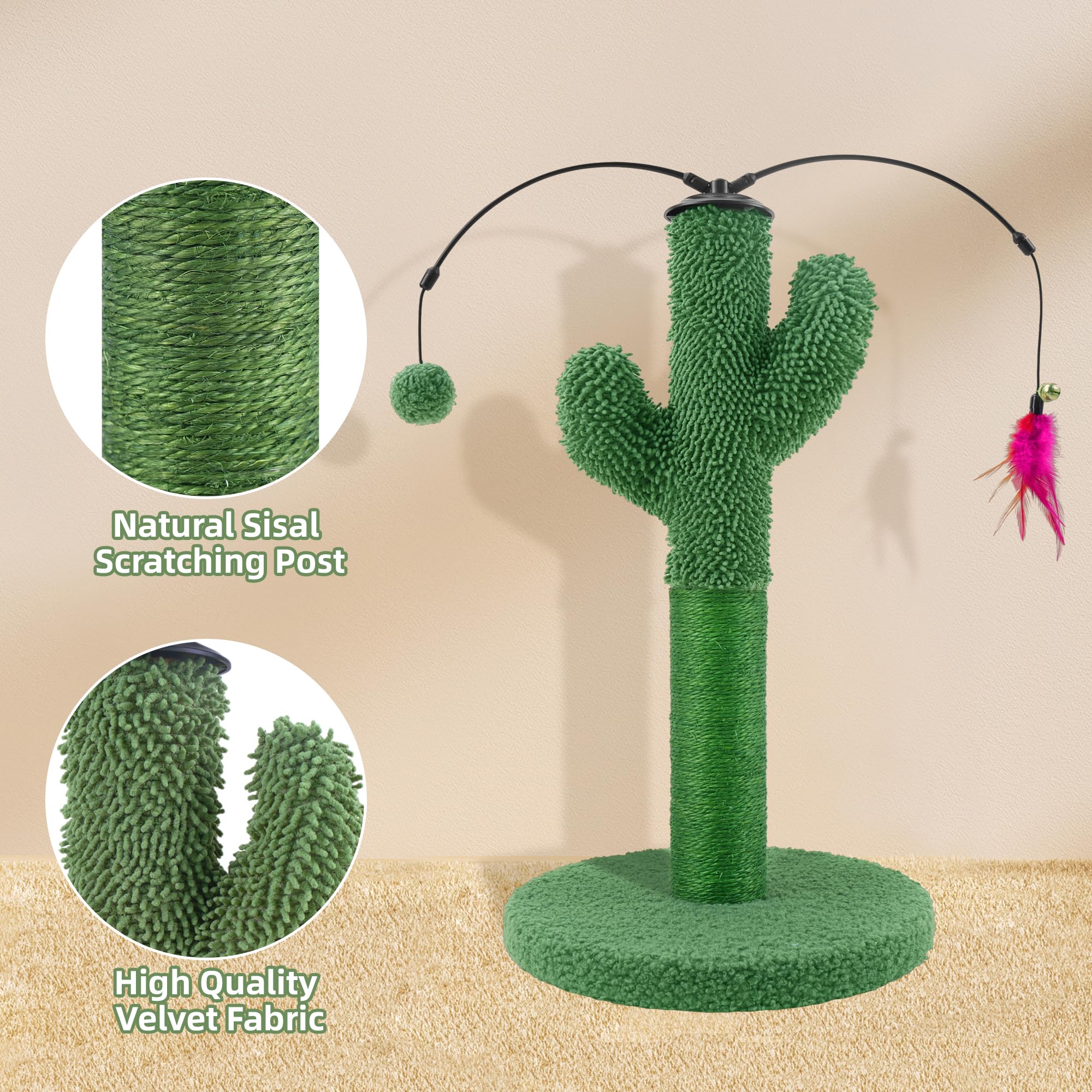 YUNIQUE Cat Scratching Post, Cactus Cat Scratcher with Natural Sisal Rope for Indoor Cats, Scratching Posts with Dangling Balls and Feather for Small Cats Kittens (Green)