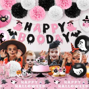 Halloween Birthday Party Decorations, Pink Black Halloween Happy Booday Party Banner with 16inch BOO Balloons Ghost Bat Balloons and Tablecloth for Girl Halloween Boo Day Party Decorations