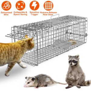 Live Animal Cage Trap, 23.3x7.2x7.7 Inches Humane Cat Trap for Stray Cats, Outdoor Heavy Duty Foldable Raccoon Traps, Humane Catch & Release Live Traps for Rabbits, Squirrels