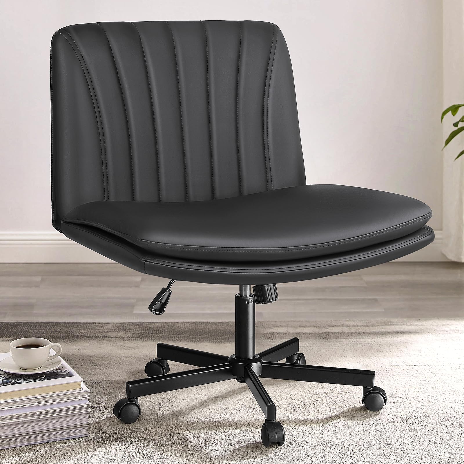 PUKAMI Criss Cross Legged Chair with Wheels,Comfy Armless Office Desk Chair,PU Leather Swivel Modern Makeup Vanity Chair,Height Adjustable Wide Seat Computer Task Chair for Home Office(Grey)