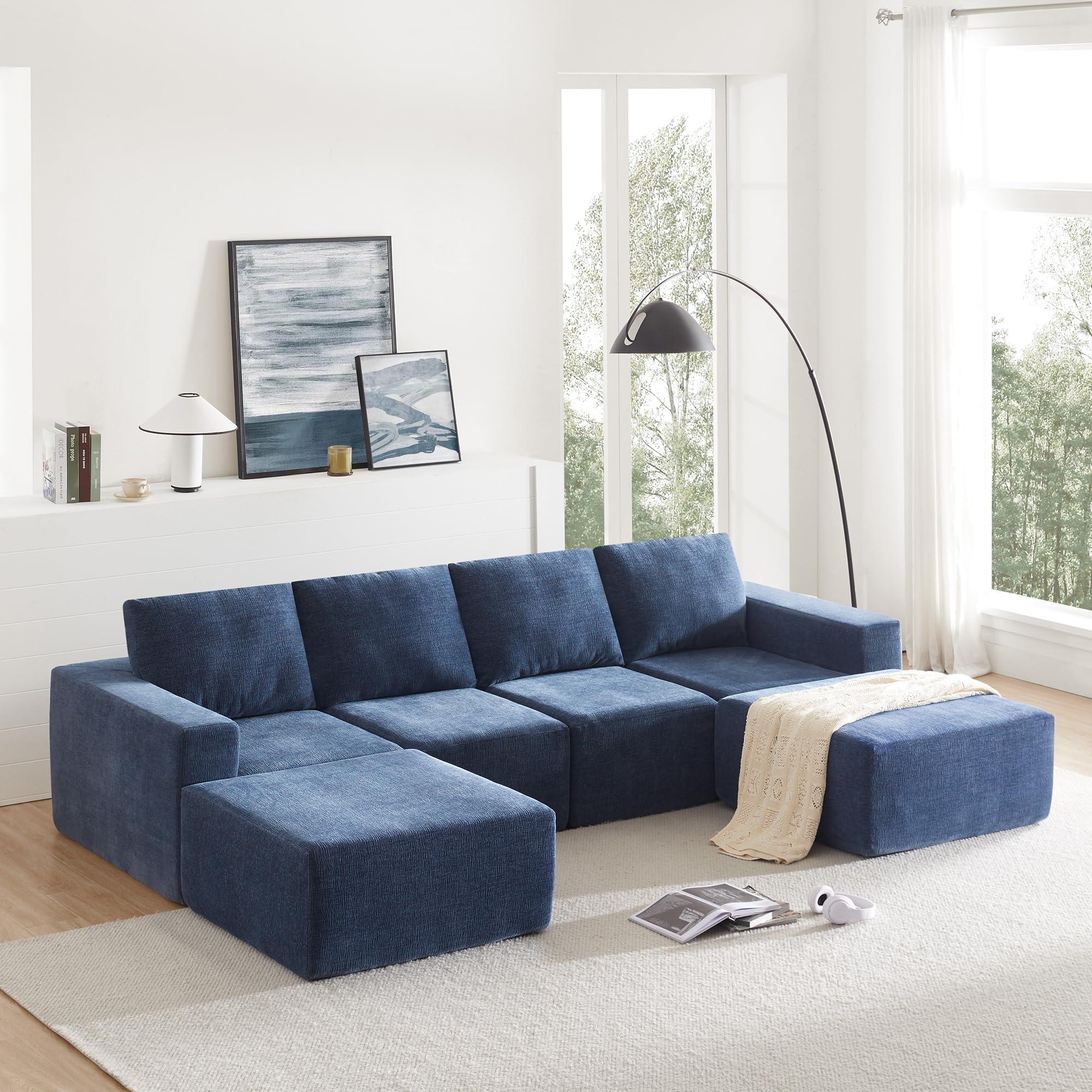 110" Modern Modular Sectional Sofa Couch, Deep Seat U Shaped Upholstered Cloud Couch Set with Movable Ottoman for Living Room, No Assembly Required (Blue, U Shaped)