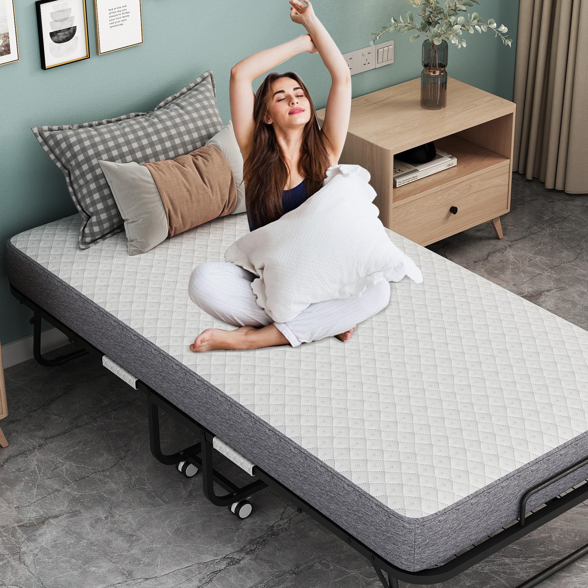 Folding Bed with Mattress 75" x 38" Twin Size Folded Bed, Rollaway Guest Bed Portable Foldable Extra Bed for Adults Fold up Bed with 5" Memory Foam Mattress Space-Saving Sturdy Metal Frame (Grid)