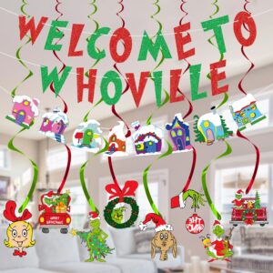 welcome to whoville banner with christmas hanging swirls party decorations, red and green glitter letter banner xmas hanging swirls decorations welcome party supplies decorations