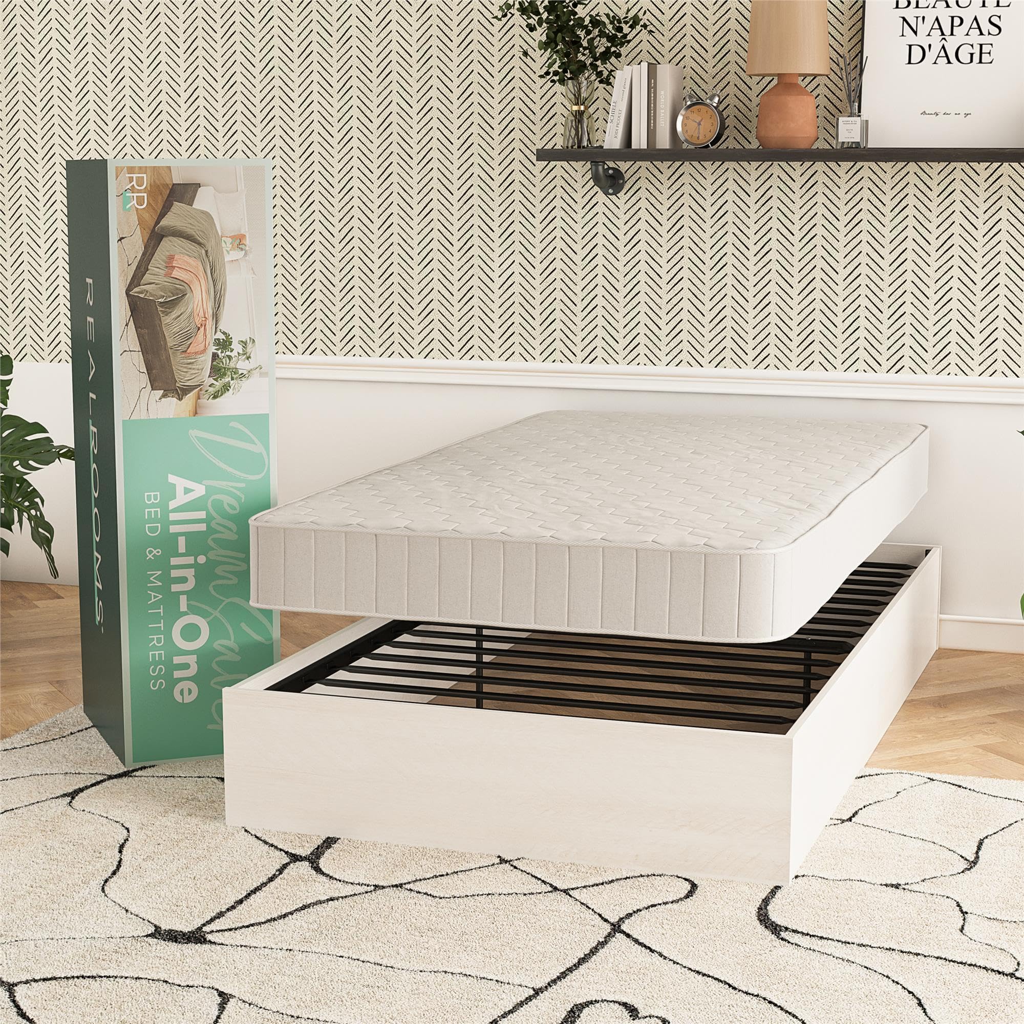 REALROOMS DreamSaver Platform Bed Frame and Mattress Set, Twin, Ivory Oak