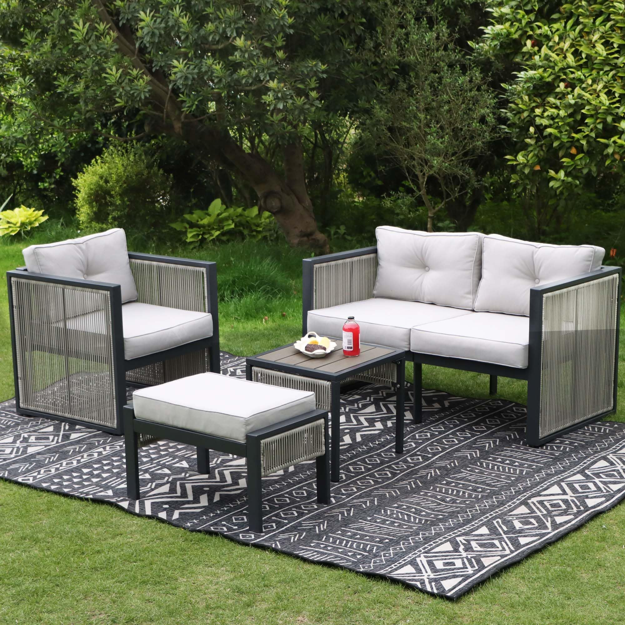 NICESOUL Modern Patio Furniture Set, 4 Seats Outdoor Sectional Sofa Set with Side Tables Footrest All-Weather Dual-Layer PE Rope Rattan Iron Frame 4" Thick Cushion Chairs Conversation Set Grey