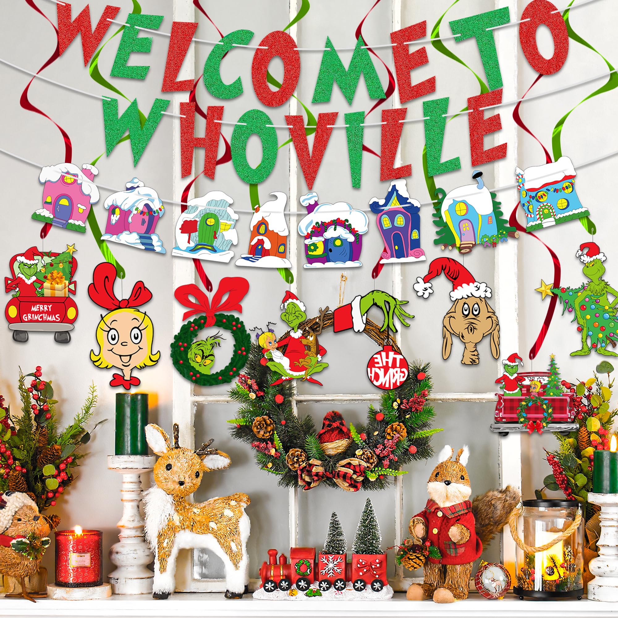 Welcome To Whoville Banner with Christmas Hanging Swirls Party Decorations, Red and Green Glitter Letter Banner Xmas Hanging Swirls Decorations Welcome Party Supplies Decorations