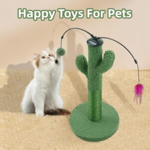 YUNIQUE Cat Scratching Post, Cactus Cat Scratcher with Natural Sisal Rope for Indoor Cats, Scratching Posts with Dangling Balls and Feather for Small Cats Kittens (Green)