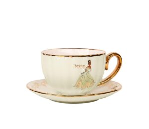 disney princess golden scalloped teacup and saucer - elegant ceramic tea set with gold accents | official disney licensee (tiana)