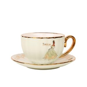 Disney Princess Golden Scalloped Teacup and Saucer - Elegant Ceramic Tea Set with Gold Accents | Official Disney Licensee (Tiana)