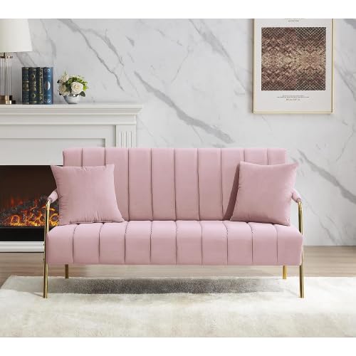 60’’ Modern Loveseat Sofa Couch, Velvet Small Love Seat w/2 Pillows and Metal Legs,2-Seater Upholstered Mini Futon Sofa Couches for Small Space,Lounge Chair, Living Room Bedroom Apartments (Pink I)