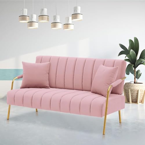 60’’ Modern Loveseat Sofa Couch, Velvet Small Love Seat w/2 Pillows and Metal Legs,2-Seater Upholstered Mini Futon Sofa Couches for Small Space,Lounge Chair, Living Room Bedroom Apartments (Pink I)