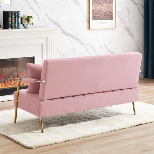 60’’ Modern Loveseat Sofa Couch, Velvet Small Love Seat w/2 Pillows and Metal Legs,2-Seater Upholstered Mini Futon Sofa Couches for Small Space,Lounge Chair, Living Room Bedroom Apartments (Pink I)