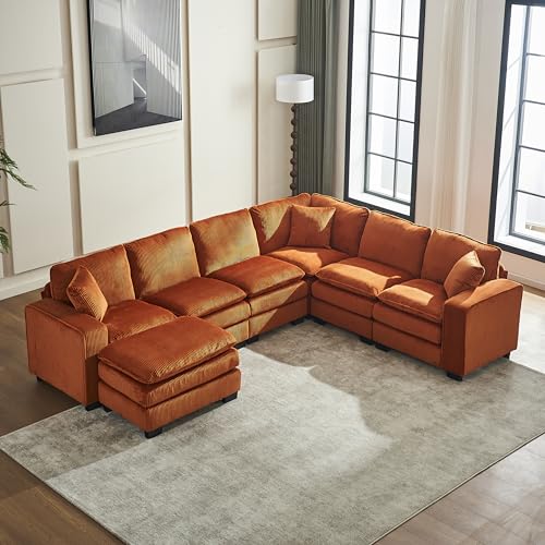 Extra Wide Seat Oversized Convertible Modular Sectional Sofa, Free Combination Reversible Sleeper Couch with Movable Ottoman, 7 Seater Corner Sofa&Couches for Living Room, Office, Spacious Space