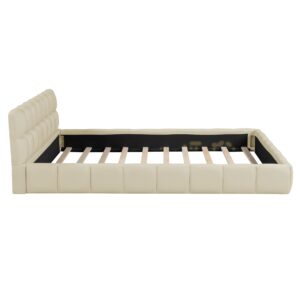 Merax Modern Queen Upholstered Bed Frame with Wingback, Linen Low Plattform Bed, No Box Spring Needed Beige