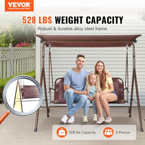 VEVOR 3-Seat Patio Swing Chair, Outdoor Patio Swing with Adjustable Canopy