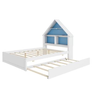 TURRIDU Full Size House-Shaped Bed with Led Light&Bookcase Headboard,Wood Platform Bed with Pull-out Trundle,No Box Spring Needed,Montessori Floor Bed, Blue+ White