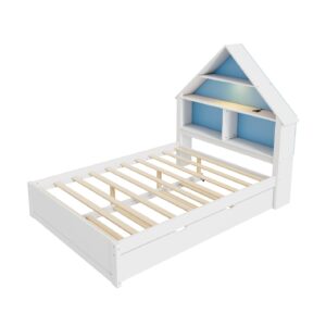 TURRIDU Full Size House-Shaped Bed with Led Light&Bookcase Headboard,Wood Platform Bed with Pull-out Trundle,No Box Spring Needed,Montessori Floor Bed, Blue+ White